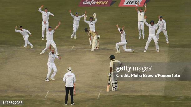 Jack Leach traps Naseem Shah of Pakistan lbw as England win the first Test between Pakistan and England by 74 runs at Rawalpindi Cricket Stadium on...