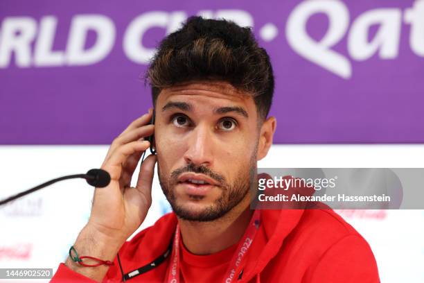 Munir El Kajoui of Morocco speaks during the Morocco Press Conference on match day -1 at main media center on December 05, 2022 in Doha, Qatar.