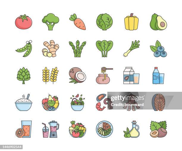 illustrazioni stock, clip art, cartoni animati e icone di tendenza di icone della linea di colori alimentari sani. tratto modificabile. - lettuce