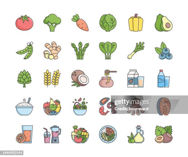 ilustrações, clipart, desenhos animados e ícones de ícones da linha de cor alimentar saudável. traçado editável. - alface-de-folha-vermelha
