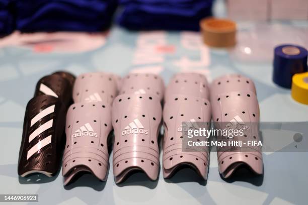 Detailed view of the shin pads in the Japan dressing room prior to the FIFA World Cup Qatar 2022 Round of 16 match between Japan and Croatia at Al...