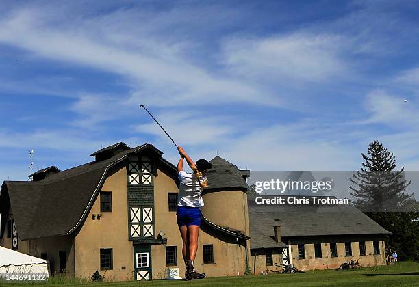 Belen Mozo of Spain hits her tee shot to the 16th hole in her match against Christie Kerr in the first round of the Sybase Match Play Championship at...