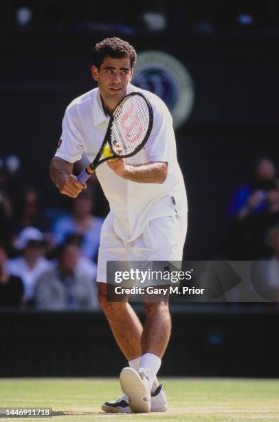 Pete Sampras from the United States prepares to serve to Goran Ivanišević of Croatia during their Men's Singles Final match at the Wimbledon Lawn...