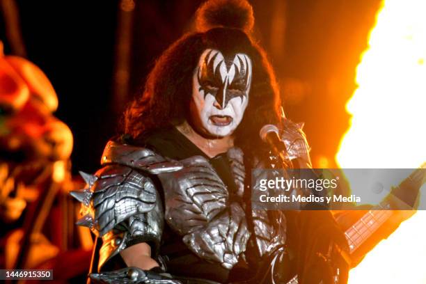 Gene Simmons of Kiss band performing, during their last show in México, and as part of day 3 of the Hell & Heaven Metal Fest 2022 at Foro Pegaso on...