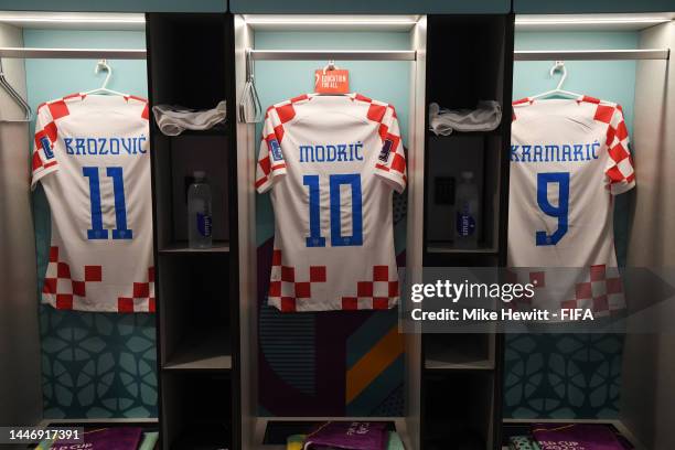 The shirts of Marcelo Brozovic, Luka Modric and Andrej Kramaric of Croatia are seen in the dressing room prior to the FIFA World Cup Qatar 2022 Round...