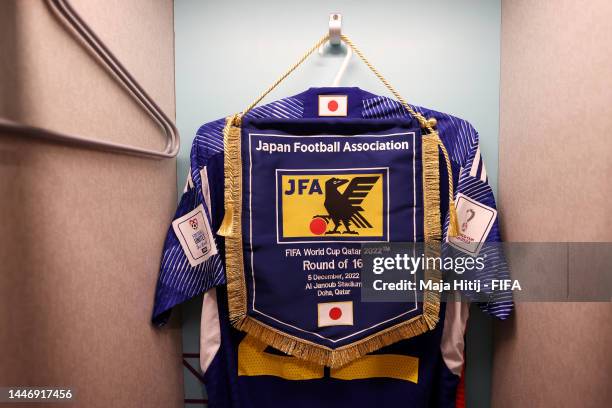 Detailed view of the Japan match pennant in the dressing room prior to the FIFA World Cup Qatar 2022 Round of 16 match between Japan and Croatia at...