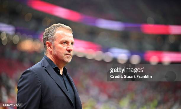Hansi Flick, Head Coach of Germany, looks on prior the FIFA World Cup Qatar 2022 Group E match between Costa Rica and Germany at Al Bayt Stadium on...