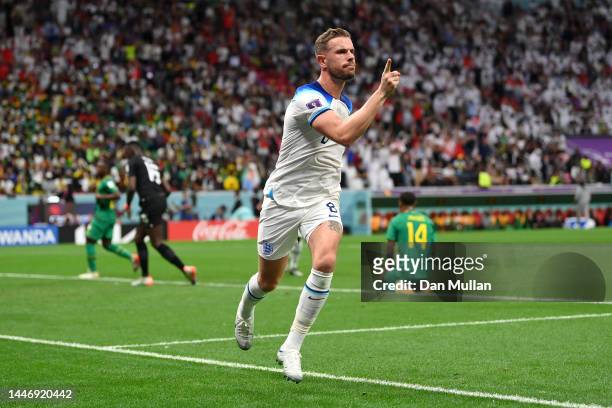 Jordan Henderson of England celebrates scoring his side's first goal during the FIFA World Cup Qatar 2022 Round of 16 match between England and...