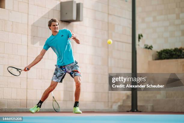 Alexander Zverev in action during a practice session ahead of the Diriyah Tennis Cup Riyadh 2022 on December 05, 2022 in Riyadh, Saudi Arabia.