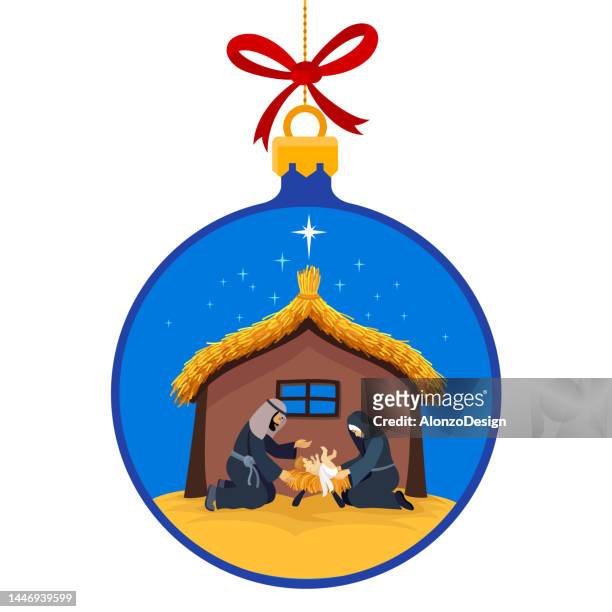 nativity scene. the birth of christ. the holy family. joseph and virgin mary with baby jesus. - angel funny stock illustrations