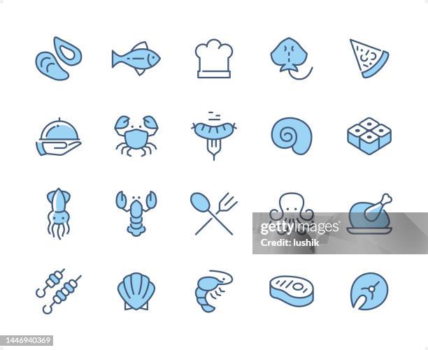 seafood & meals icon set. editable stroke weight. pixel perfect dichromatic icons. - salmon fillet stock illustrations