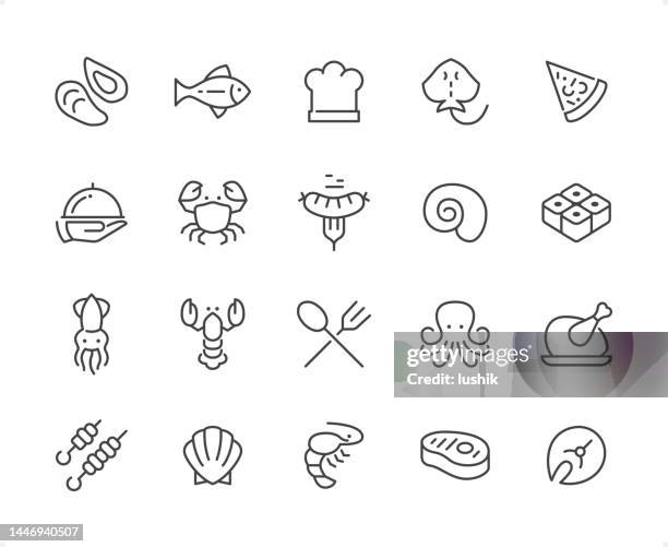 seafood & meals icon set. editable stroke weight. pixel perfect icons. - salmon fillet stock illustrations