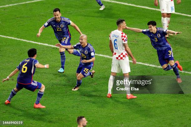Daizen Maeda of Japan celebrates after scoring the team's first goal during the FIFA World Cup Qatar 2022 Round of 16 match between Japan and Croatia...