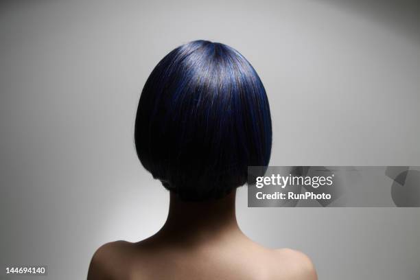 beautiful blue hair young woman,rear view - bobbed hair stock pictures, royalty-free photos & images
