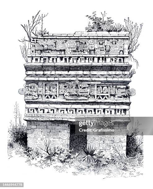 maya temple in chichen itza mexico illustration - mayan ruins stock illustrations