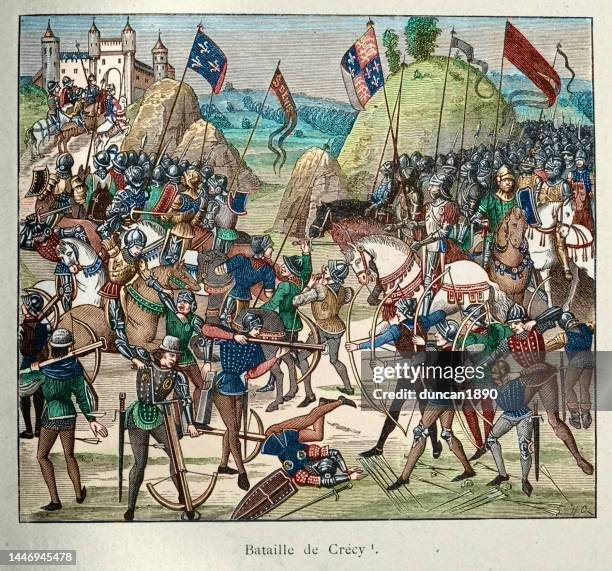 battle of crécy 26 august 1346 in northern france between a french army commanded by king philip vi and an english army led by king edward iii - circa 14th century stock illustrations