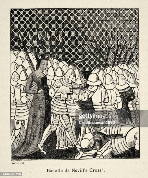 ilustrações, clipart, desenhos animados e ícones de cavaleiros lutando na batalha da cruz de neville durante a segunda guerra da independência escocesa em 17 de outubro de 1346 - durham nordeste da inglaterra