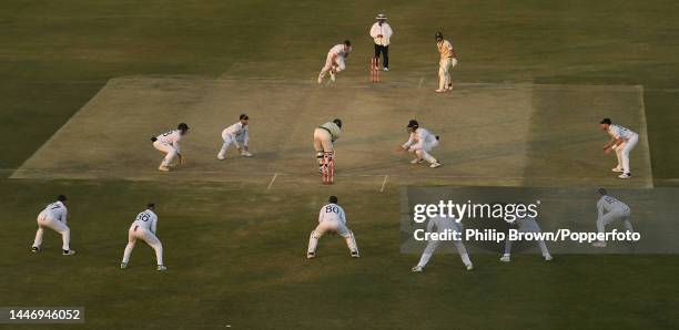 James Anderson bowls to Mohammad Ali of Pakistan with fielders close in during the fifth day of the first Test at Rawalpindi Cricket Stadium on...