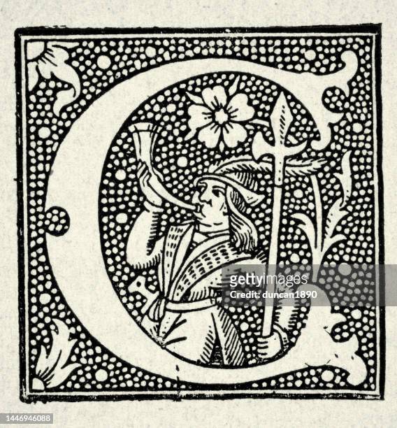 ornate medieval style capital letter c, soldier blowing a horn holding a halberd - hunting horn stock illustrations