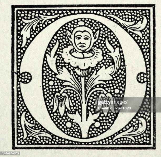 vintage illustration medieval style capital letter o, pixie emerging from a flower - pixie cut stock illustrations