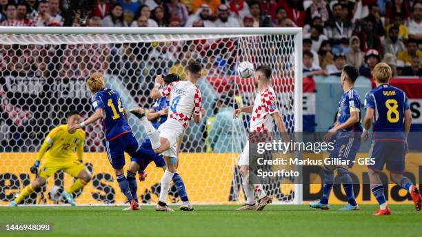 Ivan Perisic of Croatia scores his team's first goal during the FIFA World Cup Qatar 2022 Round of 16 match between Japan and Croatia at Al Janoub...