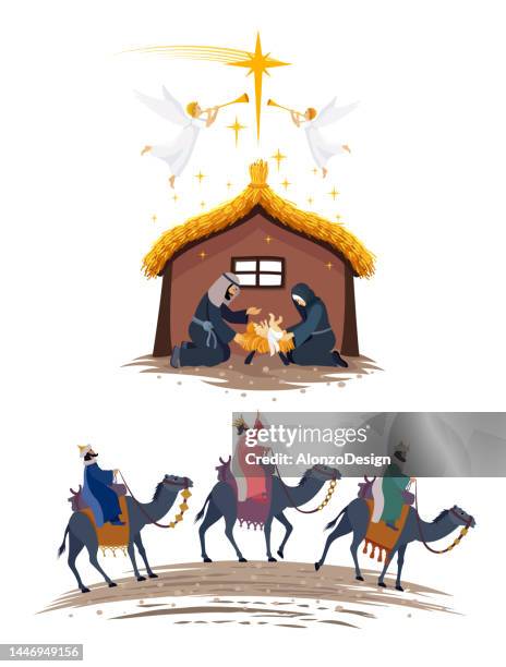 holy night poster. christmas night. birth of jesus. three wise men. - angel funny stock illustrations