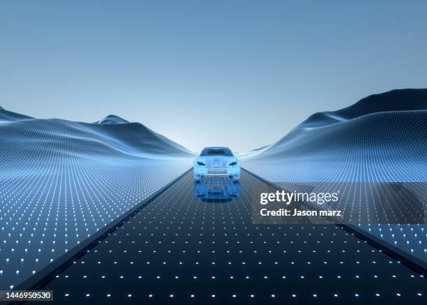 smart cars driving on the blue data highway - voiture digital photos et images de collection