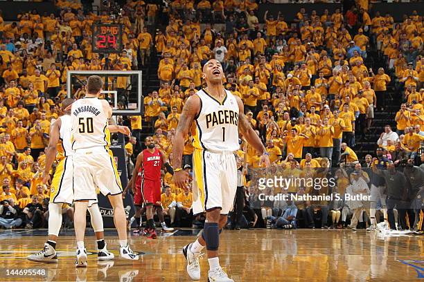 Dahntay Jones of the Indiana Pacers reacts to a play against the Miami Heat in Game Three of the Eastern Conference Semifinals during the 2012 NBA...