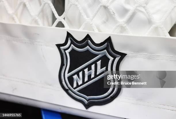 Closeup view of the NHL logo on a hockey net prior to the game between the New York Islanders and the Chicago Blackhawks at the UBS Arena on December...