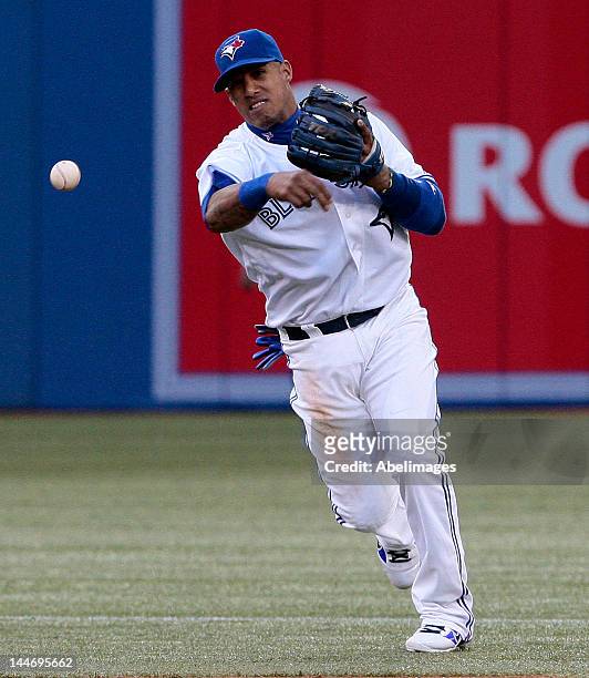 Yunel Escobar of the Toronto Blue Jays throws to first for an out against the New York Yankees during MLB action at the Rogers Centre May 17, 2012 in...