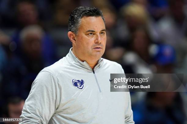 Head coach Sean Miller of the Xavier Musketeers looks on in the first half against the West Virginia Mountaineers at the Cintas Center on December...