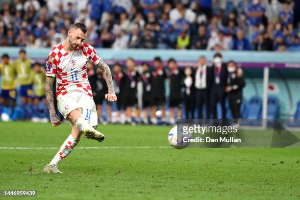 Marcelo Brozovic of Croatia scores the team's second penalty in the penalty shoot out during the FIFA World Cup Qatar 2022 Round of 16 match between...