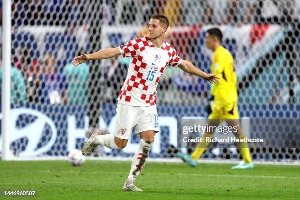 Mario Pasalic of Croatia celebrates after scoring the sides winning penalty in the penalty shoot out during the FIFA World Cup Qatar 2022 Round of 16...