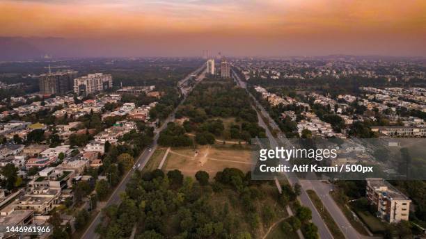 high angle view of buildings in city,islamabad,pakistan - islamabad foto e immagini stock