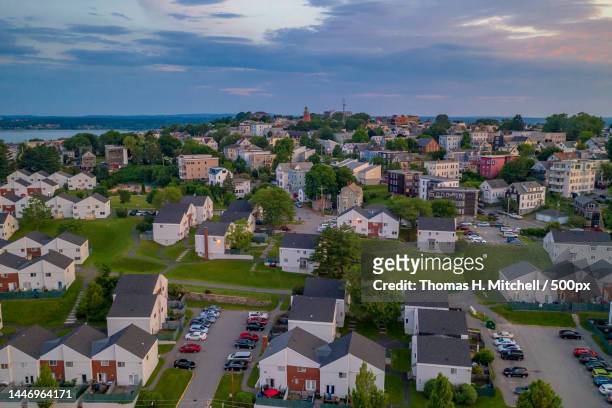 high angle view of townscape against sky,portland,united states,usa - portland maine imagens e fotografias de stock