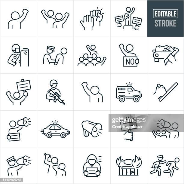 stockillustraties, clipart, cartoons en iconen met protest and riot thin line icons - editable stroke - icons include protests, protestors, riots, rioters, law enforcement, police officer, policeman, riot police, armored vehicle, vandalism, destruction, fire, burning, demonstration, crowd, people, person, - chaos