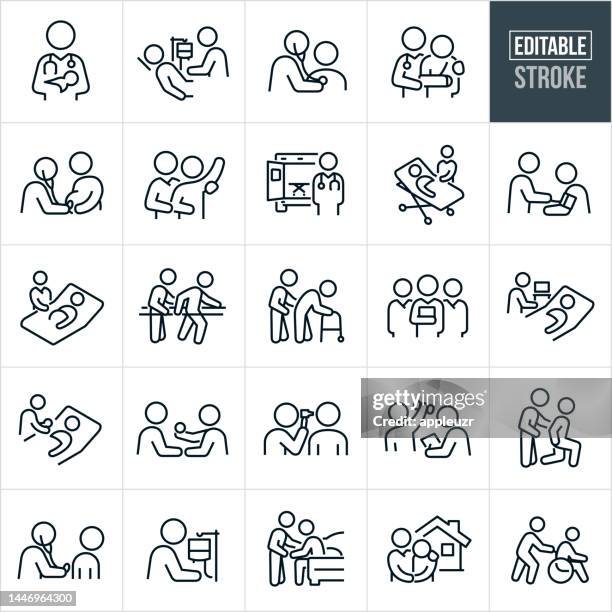 ilustraciones, imágenes clip art, dibujos animados e iconos de stock de iconos de línea delgada de enfermeras - trazo editable - los iconos incluyen - enfermera, enfermería, asistente de enfermería, atención médica, paciente, persona, enfermedad, lesión, rehabilitación, recuperación, emt, terapia física, terapia ocupa - asistente de enfermera