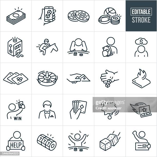 gambling thin line icons - editable stroke - icons include gambling, gambler, person, player, casino games, poker, playing cards, loss, win, winner, betting, lottery, lottery ticket, wager, addiction, chance, risk - gambling icons stock illustrations