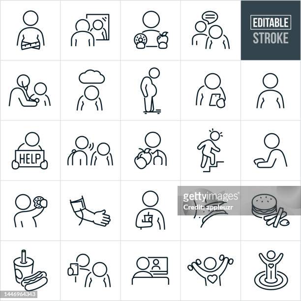 childhood and youth obesity thin line icons - editable stroke - icons include obesity, overweight, child, childhood, teenager, adolescence, childhood obesity, fat, bullying, bullied, person, student, youth, health risk, blood pressure, hypertension, junk - childhood obesity stock illustrations