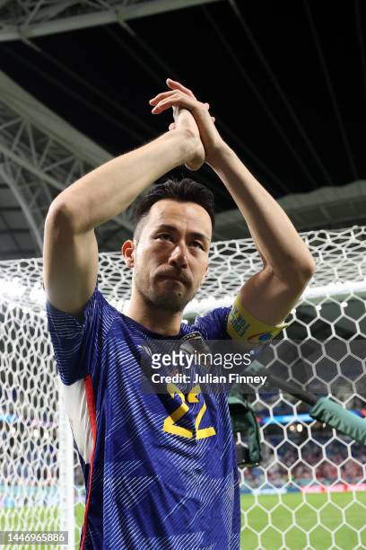 Maya Yoshida of Japan applauds the fans after the team's defeat during the FIFA World Cup Qatar 2022 Round of 16 match between Japan and Croatia at...