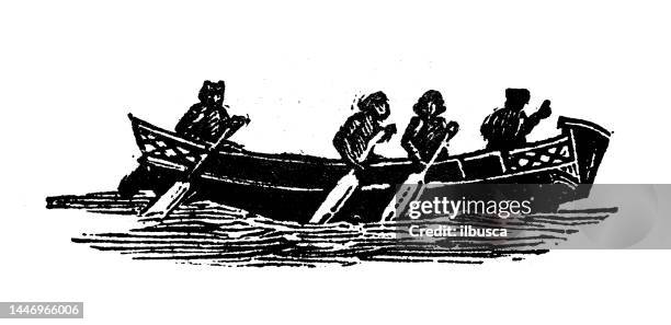 antique engraving illustration: dugout canoe, pirogue - people on canoe clip art stock illustrations