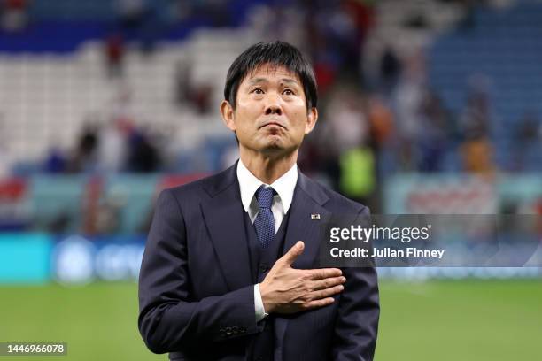 Hajime Moriyasu, Head Coach of Japan, acknowledges the fans after the team's defeat during the FIFA World Cup Qatar 2022 Round of 16 match between...