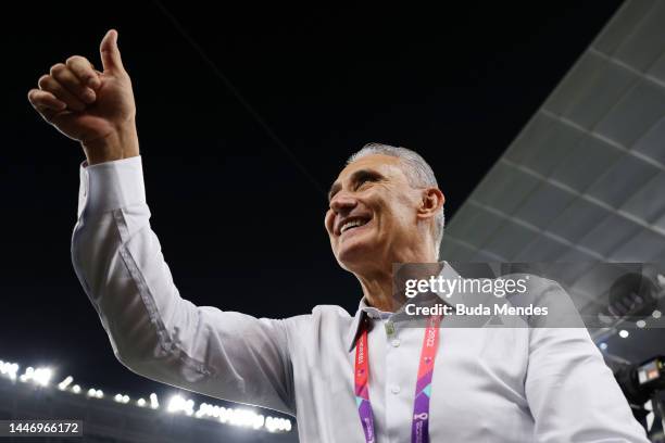 Adenor Leonardo Bacchi, Head Coach of Brazil, acknowledges the fans prior to the FIFA World Cup Qatar 2022 Round of 16 match between Brazil and South...