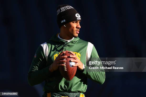 Jordan Love of the Green Bay Packers warms up prior to the game against the Chicago Bears at Soldier Field on December 04, 2022 in Chicago, Illinois.