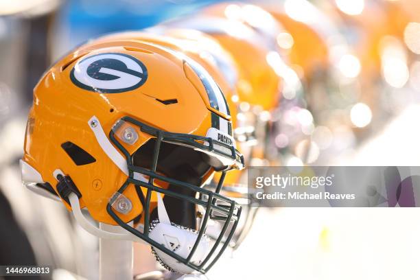 Detail of a Green Bay Packers helmet during the first half against the Chicago Bears at Soldier Field on December 04, 2022 in Chicago, Illinois.