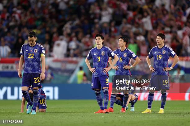 Japan players react in the penalty shoot out during the FIFA World Cup Qatar 2022 Round of 16 match between Japan and Croatia at Al Janoub Stadium on...