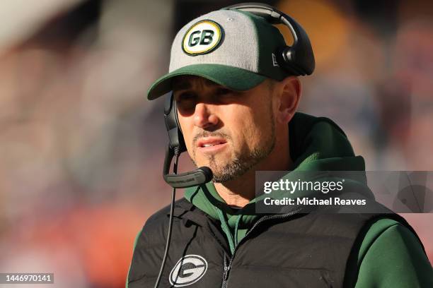 Head coach Matt LaFleur of the Green Bay Packers looks on against the Chicago Bears during the second half at Soldier Field on December 04, 2022 in...