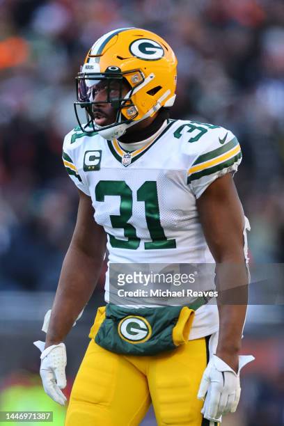 Adrian Amos of the Green Bay Packers looks on against the Chicago Bears at Soldier Field on December 04, 2022 in Chicago, Illinois.