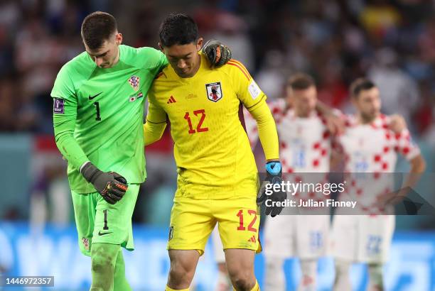 Dominik Livakovic of Croatia and Shuichi Gonda of Japan react before the first penalty during the FIFA World Cup Qatar 2022 Round of 16 match between...