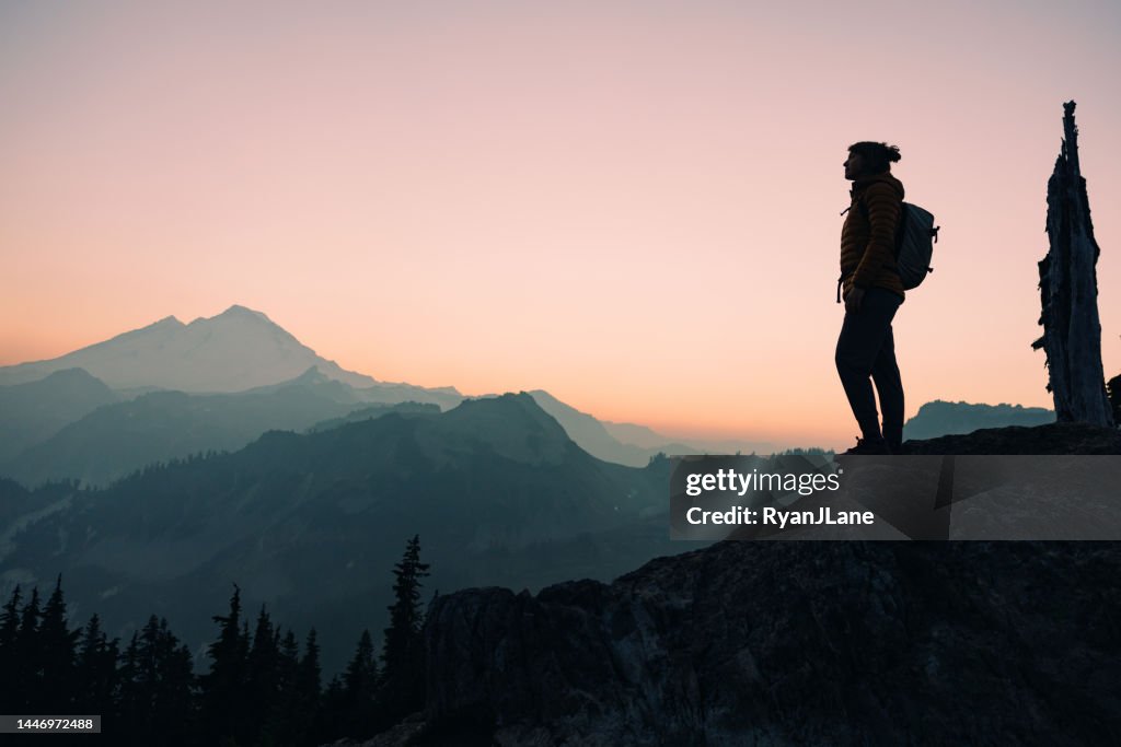 Alpine In Ridge Line Silhouette Of Woman Hiking Alpine Ridgeline In Washington State High ...